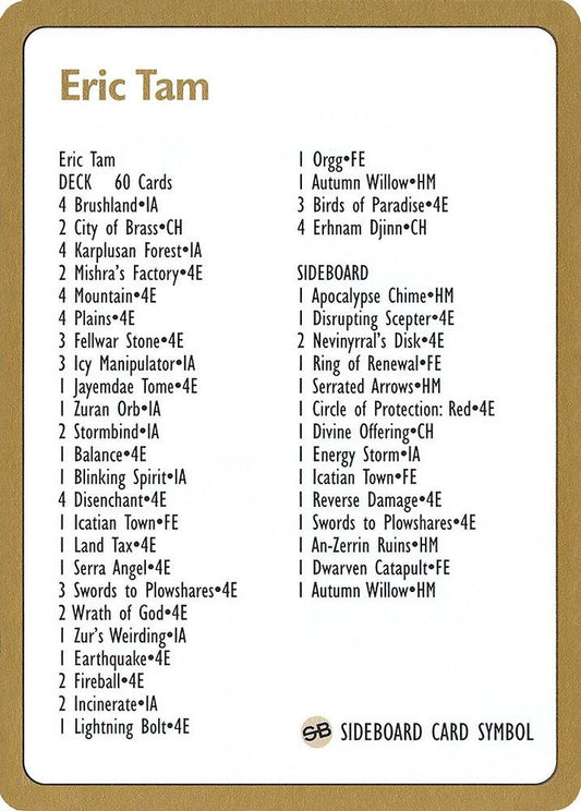 1996 Eric Tam Decklist Card [World Championship Decks]