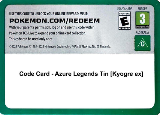 Code Card - Azure Legends Tin [Kyogre ex] [Miscellaneous Cards and Products]